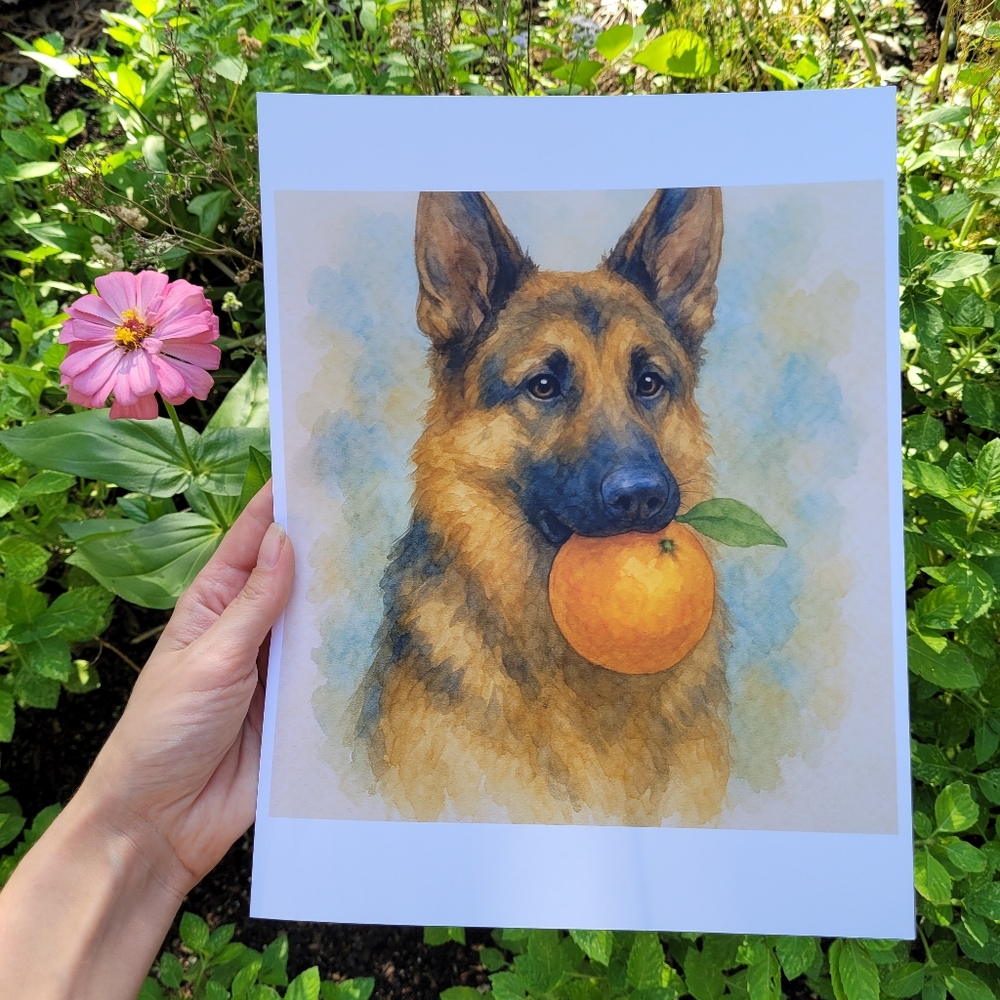 German Shepherd Dog Art Print with Orange Art Print